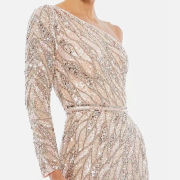 MAC DUGGAL 4982 EMBELLISHED ONE SLEEVE W/ SEQUIN BELT ROSE GOLD GOWN sz 8 - Picture 2 of 6